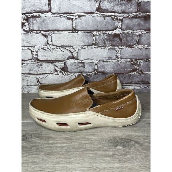 Crocs Brown Leather Vented Soles Cushioned Outdoor Loafers Men’s Sz 12M US/45EU - Picture 10 of 16